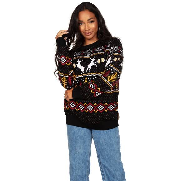 Tipsy Elves Calibrew‎ Oversized Christmas Sweater Black Large Holiday Winter - Picture 1 of 7